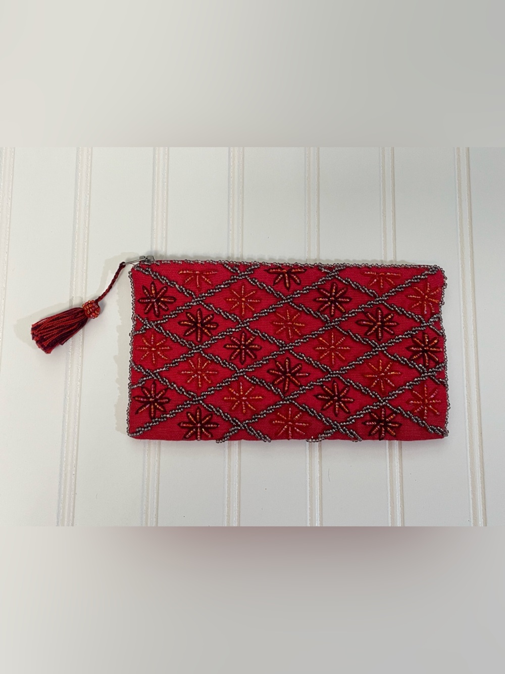 Handmade Red Purple Beaded Tassel Clutch Purse Bag - Picture 1 of 6